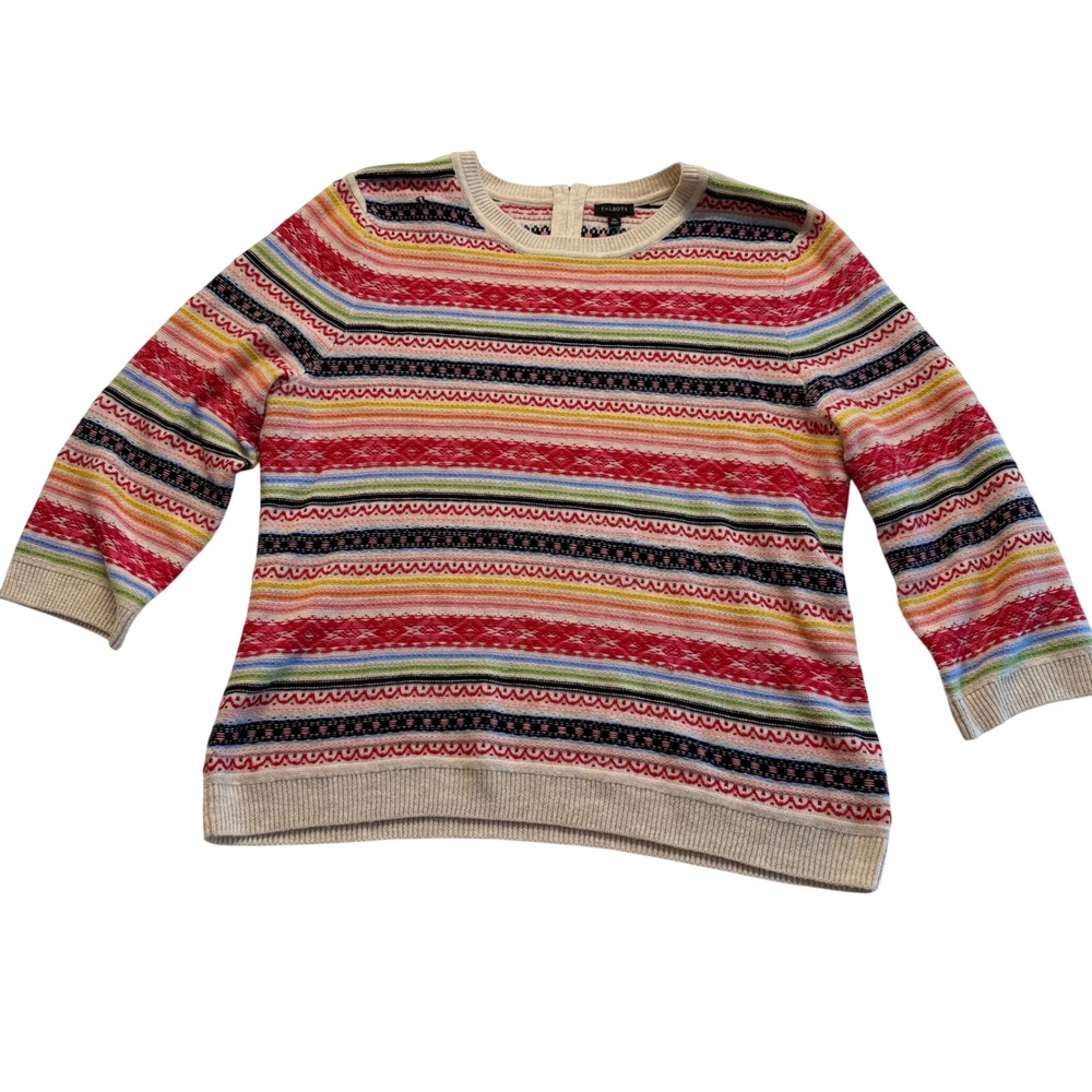 Talbots Sweater Womens XL Multicolor Excellent Back Zip Fair Isle Striped Knit